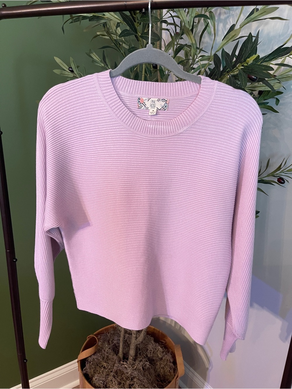 Pink Rose Pastel Lavender Ribbed Crewneck Sweater